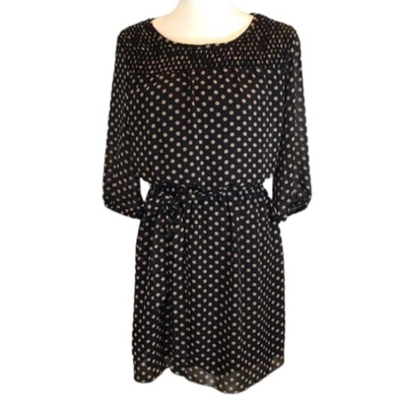 Enfocus Petite Polka Dot Sheer Sleeve Lined Dress Black Sz 8P - Picture 1 of 10